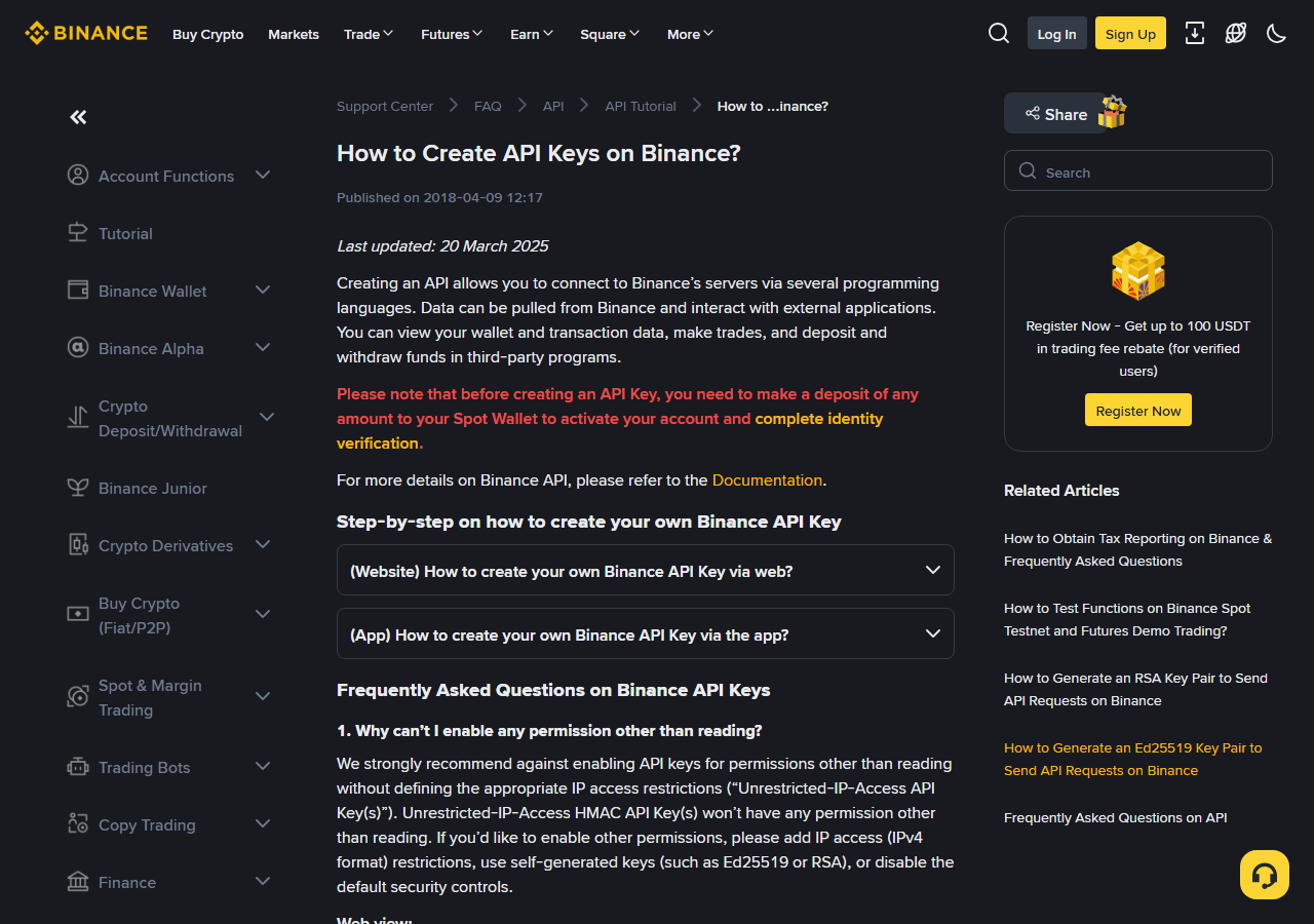 Binance Support — How to Create API Keys 화면