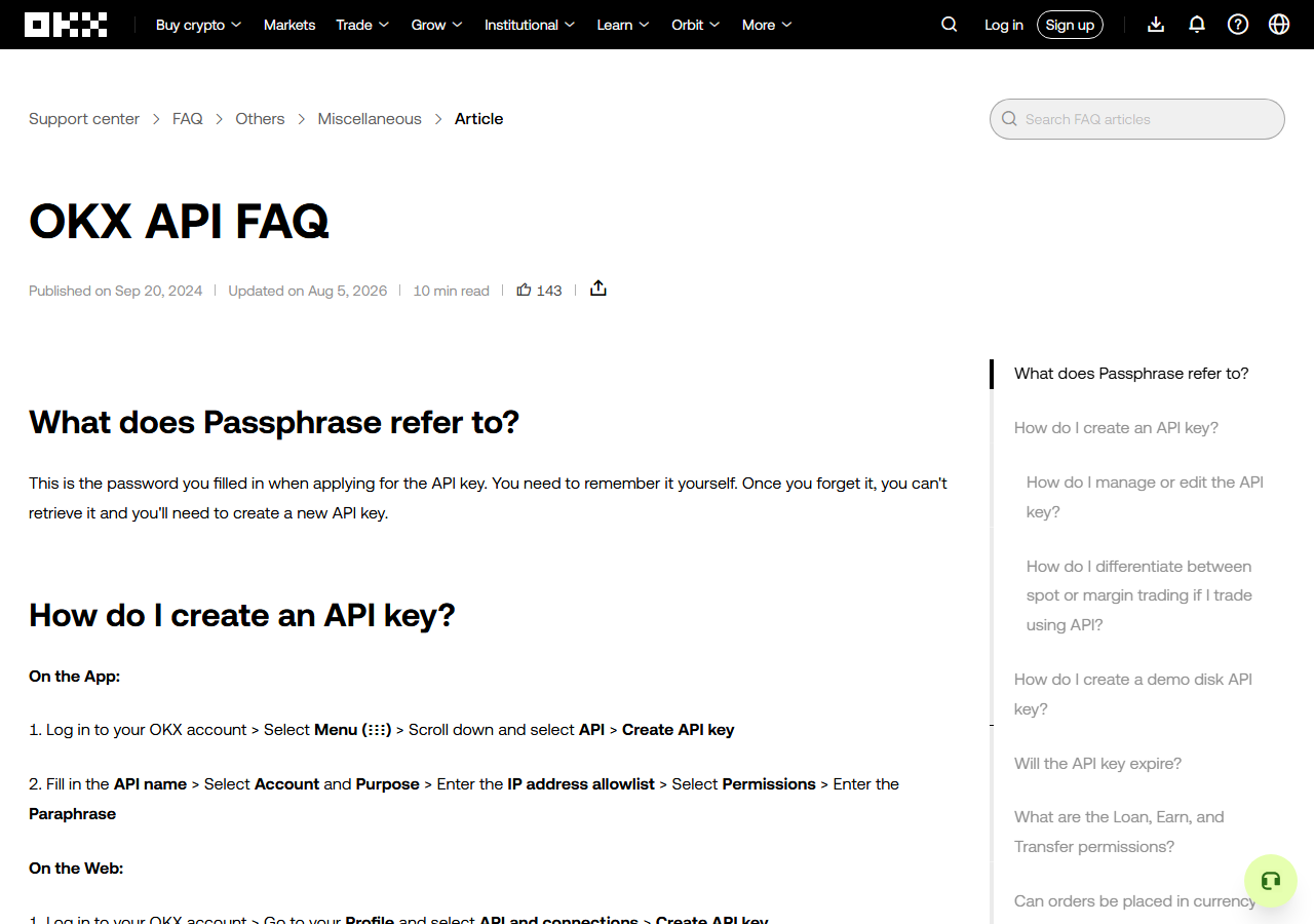 OKX API FAQ — Create API key 안내